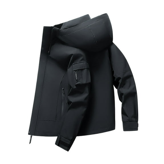 Rggeeun Jackets For Men Spring Fall Hooded Workwear Solid Color Long Sleeve Outdoor Casual Jacket Outwear Streetwear