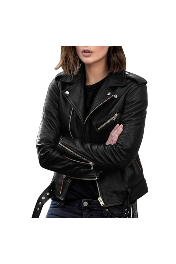 Jackets For Women 2025 Plus Size Fashion Leather Jacket Long Sleeve Zipper Fitted Artificial Leather Coat Fall Short Jacket Fall Casual Coats