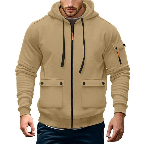 Rggeeun Jackets For Men Casual Hooded Jacket Winter Warm Lined Zip Up Outerwear Loose Fit Solid Color Coat For Daily Wear Outdoor Activities Outwear Classic