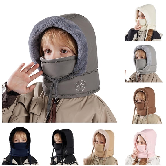 Rggeeun Kid Solid Color Windproof Hat Thermal Lined with Adjustable Drawstring Cold Weather Protection Winter Cap Boys and Girls Outdoor Elegant,Gray,One Size