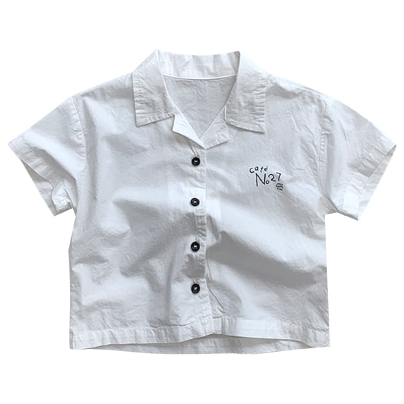Rggeeun Kids Boy's Tshirts Turndown Collar Solid Color With Simple Printed Shirt Casual Thin Breathable Top Comfortable Daily Wear ,White,5-6 Years
