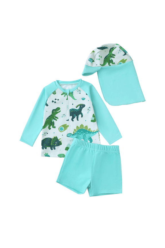Kids Boys Swimsuit Set O-Neck Long Sleeve Coconut Printing Comfortable Top Trunks And Hat For Pool Beach Summer Outdoor Activities ,Mint Green2,2-3 Years