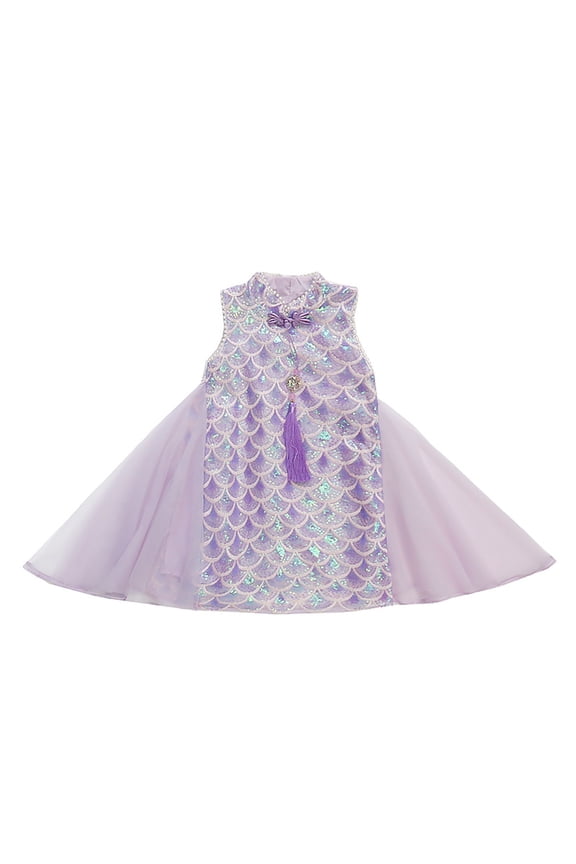 Kids Girls Fish Scale Pattern Dresses Summer Toddler O-Neck Short Sleeve Tutu Party Dresses Boho Casual Sundress
