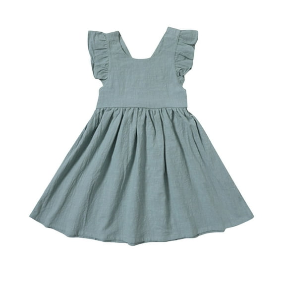 Rggeeun Kids Girls Toddler Solid Color Cotton Linen Ruffle Halter Bowknot Sleeveless Princess Dresses Comfort Casual O-Neck Sundress