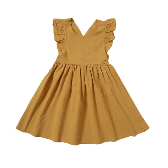 Rggeeun Kids Girls Toddler Solid Color Cotton Linen Ruffle Halter Bowknot Sleeveless Princess Dresses Lovely Casual O-Neck Sundress