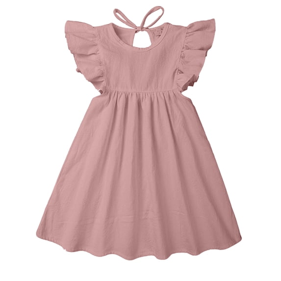 Rggeeun Kids Girls Toddler Solid Color Fly Sleeves Lace Princess Girls Dress Cloths Holiday Casual O-Neck Sundress
