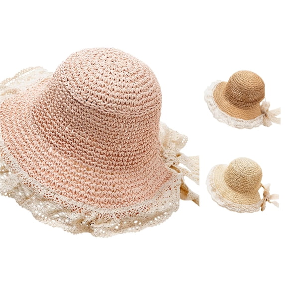 Rggeeun Kids Sun Hat Wide Brim Straw Hat with Lace Mesh & Bow Beach Hat Soft Lightweight Breathable Summer Cap Boy and Girl Vacation Lovely,Pink,2-7 Years
