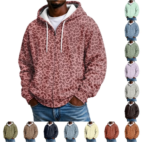 Rggeeun Leopard Sweatshirts for Men Zip Up Hoodie Loose Fit Winter Hoodies Long Sleeve Top with Pockets Holidays,Red,L