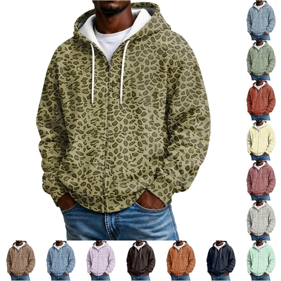 Rggeeun Leopard Sweatshirts for Men Zip Up Hoodie Loose Fit Winter Hoodies Long Sleeve Top with Pockets Training,Green,2XL