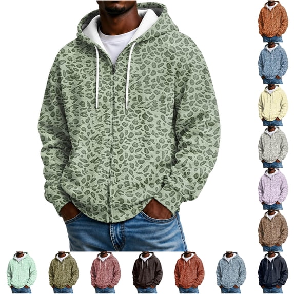 Rggeeun Leopard Sweatshirts for Men Zip Up Hoodie Loose Fit Winter Hoodies Long Sleeve Top with Pockets Travel,Green,4XL