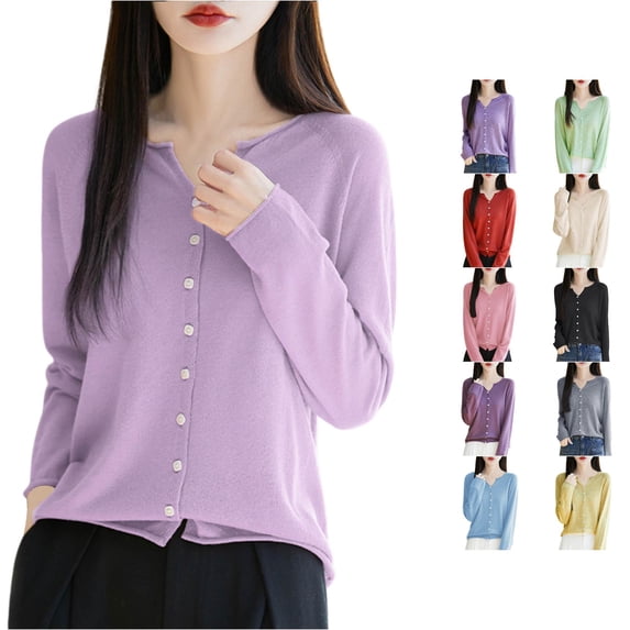 Rggeeun Lightweight Cardigans for Women Button Down Outerwear Fall Cardigan Long Sleeve V Neck Casual Clothes Daily Wear Leisure,Purple,L