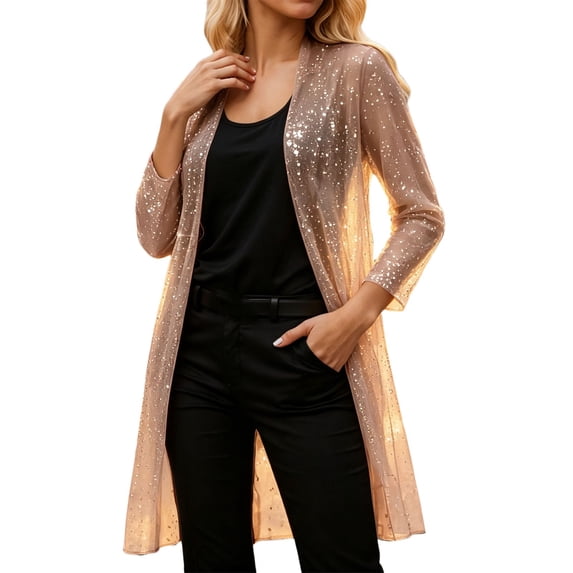 Rggeeun Lightweight Cardigans for Women Long Cardigans Open Front Long-Sleeve Outerwear Soft Casual Sequins Clothes Outdoor Wear Classic,Gold,2XL