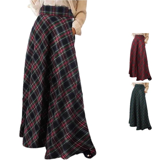 Rggeeun Long Skirts for Women Flowy Boho Plaid Skirt Loose with Pockets A-Line Elastic Waist Outdoor Play,Black,L