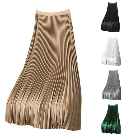 Rggeeun Maxi Skirts for Women Pleated Flowy Skirt Loose Elastic Waist Vacation,Beige,XL