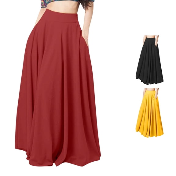 Rggeeun Maxi Skirts for Women Pleated Flowy Skirt with Pockets Elastic Waist Outdoor Play,Red,2XL