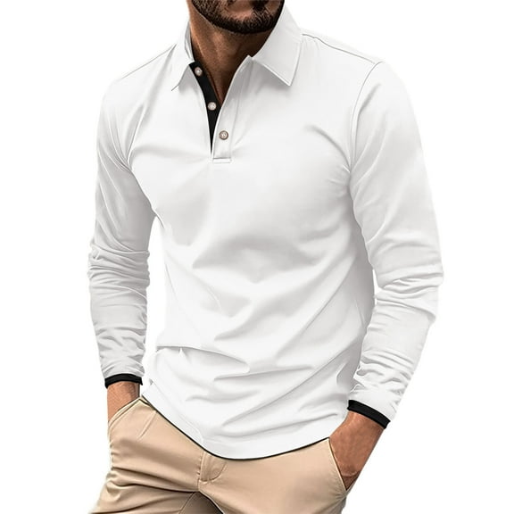 Rggeeun Men Casual Polo Shirts Men's Long Sleeve Patchwork Lapel Polo Shirts Casual Holiday Shirts Tops Comfortable