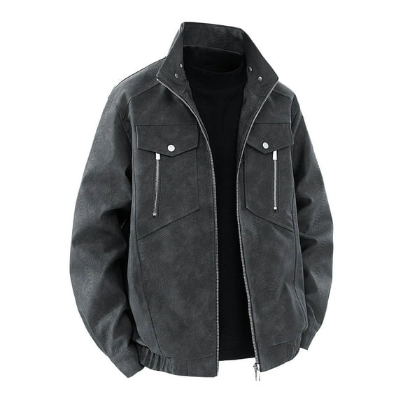 Rggeeun Men Leather Jacket Classic Stand Collar Long Sleeve Zip Up Coat For Casual Outdoor Daily Wear Durable Lightweight Stylish Versatile Outwear Fashion