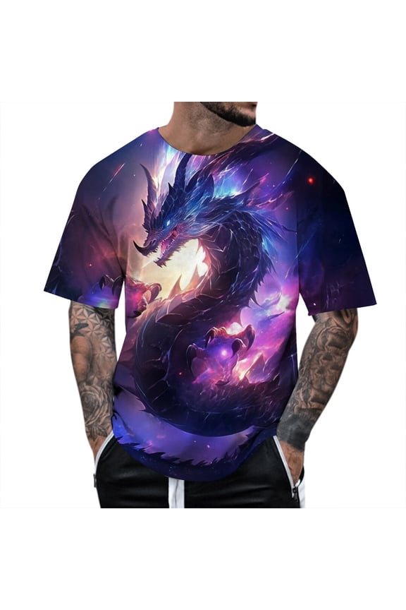 Men'S T-Shirt Cartoon Dragon Print Short Sleeve Crew Neck Soft Fabric Knit Loose Fit Casual For Holiday Travel Party Fashion Tee,Purple,Xxxl
