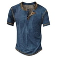 thumbnail image 1 of Rggeeun Men'S T-Shirt Classic Stripes & Irregular Plaid Pattern Cotton Linen Knit Short Sleeve Collar Henley Buttons Casual For Evening Party Leisure Tee,Dark Blue,S, 1 of 2