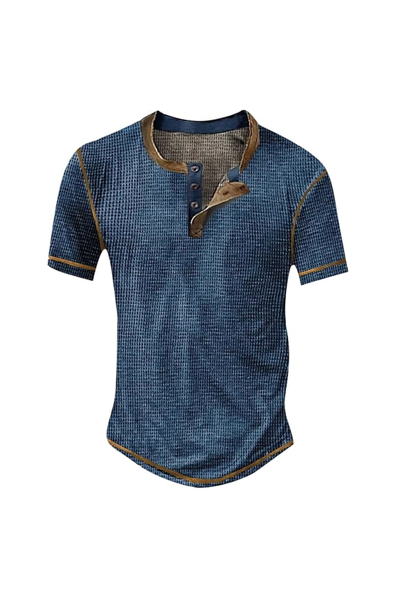Men'S T-Shirt Classic Stripes & Irregular Plaid Pattern Cotton Linen Knit Short Sleeve Collar Henley Buttons Casual For Evening Party Leisure Tee,Dark Blue,Xl