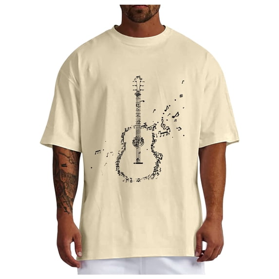 Rggeeun Men'S T-Shirt Classic Watercolor Guitar Graffiti Cotton Blend Knit Short Sleeve Crew Neck Relaxed Fit For Evening Party Trendy Tee,Khaki,Xxxl