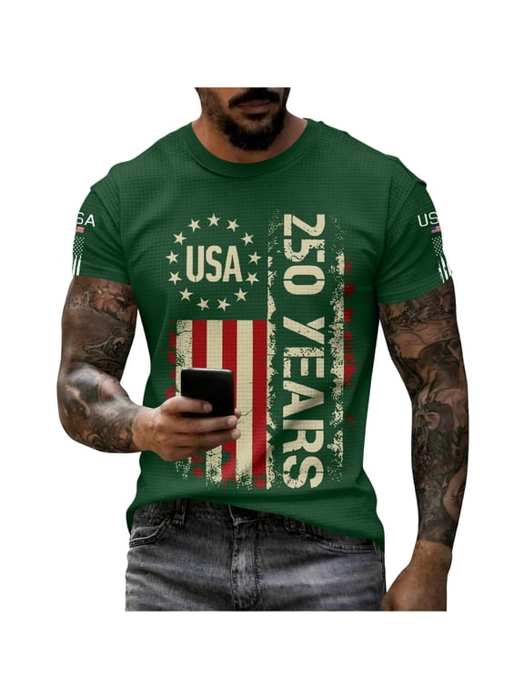 Men'S T-Shirt Red White And Blue Graphic U.S.A. 250 Years Print Soft Short Sleeve Crew Neck For 4th Of July Outdoor Activities Patriotic Style Tee,Dark Green,S