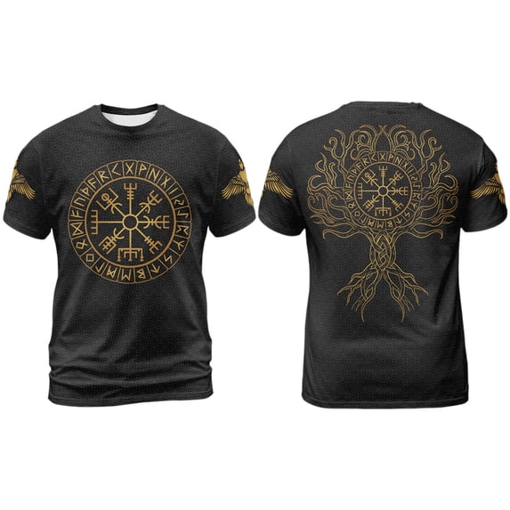 Rggeeun Men'S T-Shirt Retro Norse Mythology Theme Disc Print Cotton Blend Knit Short Sleeve Crewneck For Daily Workout Trendy Tee,Grey,L