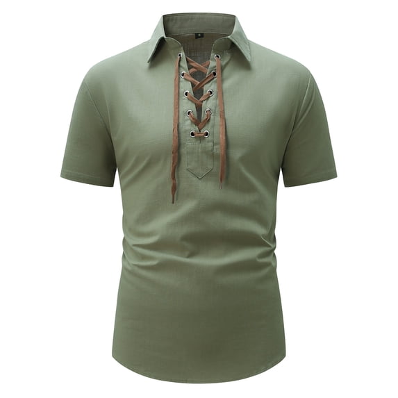 Rggeeun Men'S T-Shirt Solid Color With Drawstring Henley Short Sleeve Collar Knit Lightweight For Daily Wear Vintage Tee,Green,S
