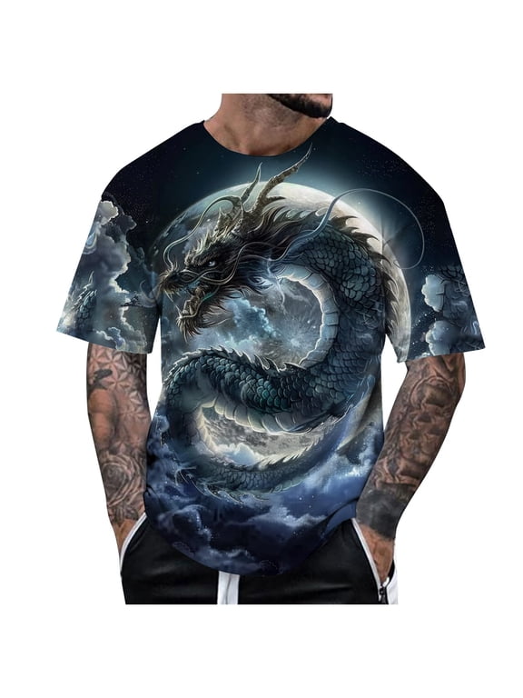 Men'S T-Shirt Trendy 3D Dragon Theme Print Short Sleeve Crew Neck Loose Fit Soft Fabric For Summer Everyday Wear Leisure Tee,Dark Blue,L