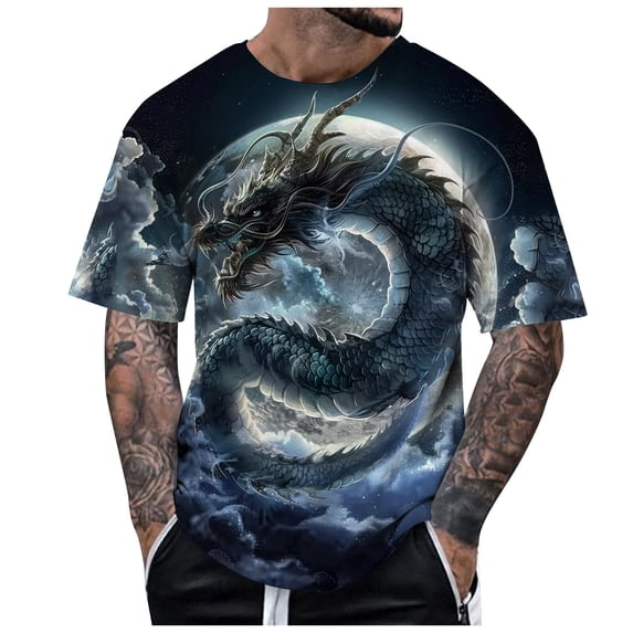 Rggeeun Men'S T-Shirt Trendy 3D Dragon Theme Print Short Sleeve Crew Neck Loose Fit Soft Fabric For Summer Everyday Wear Leisure Tee,Dark Blue,L