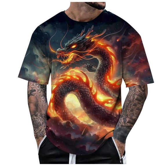 Rggeeun Men'S T-Shirt Trendy 3D Dragon Theme Print Short Sleeve Crew Neck Loose Fit Soft Fabric For Summer Everyday Wear Leisure Tee,Orange,Xl