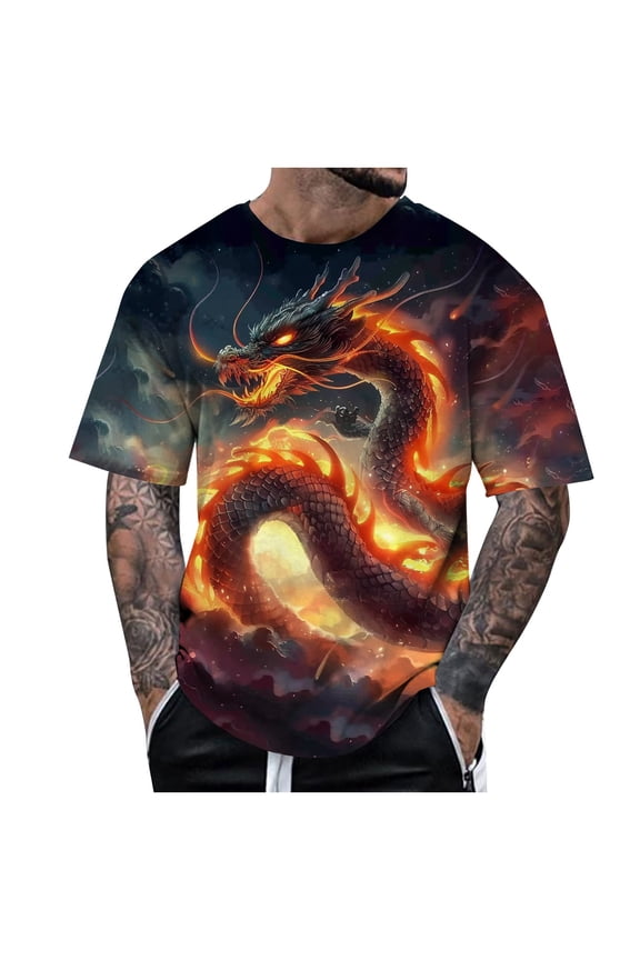 Men'S T-Shirt Trendy 3D Dragon Theme Print Short Sleeve Crew Neck Loose Fit Soft Fabric For Summer Everyday Wear Leisure Tee,Orange,Xxl