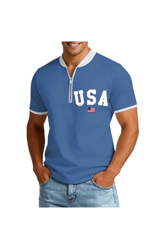 Men'S T-Shirt U.S.A. Stars And Stripes Graphics Short Sleeve Collar With Half Zip Soft Top For 4th Of July Rodeo Breathable Tee,Blue,S