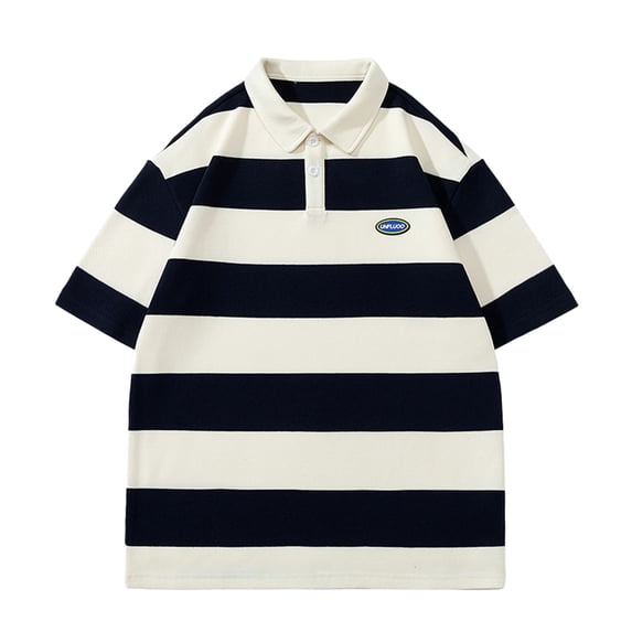 Rggeeun Men'S T-Shirt Wide Stripes With Henley Buttons Short Sleeve Collar Cotton Linen Knit Versatile For Daily Wear Trendy Tee,Blue,L