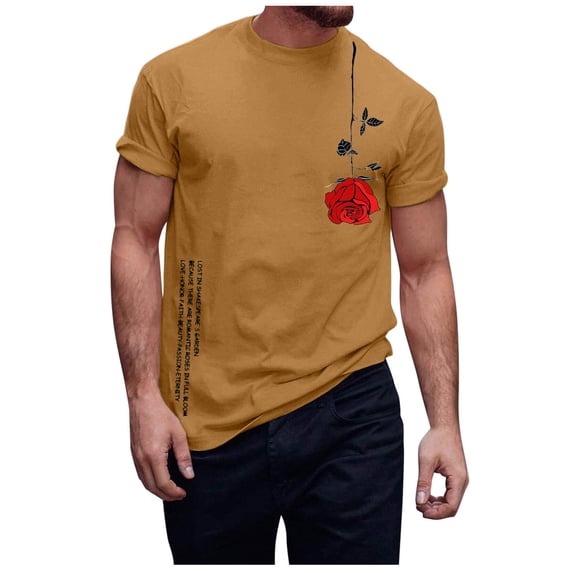 Rggeeun Men'S T-Shirts Cute Rose Floral Print Cotton Blend Lightweight Crew Neck Short Sleeve Relaxed Fit For Summer Travel Party Classic Tee,Coffee,Xxxl