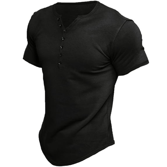 Rggeeun Men'S T-Shirts Solid Color Henley Buttons Knit Short Sleeve V-Neck Knit Relaxed Fit For Summer Outdoor Casual Tops,Black,L