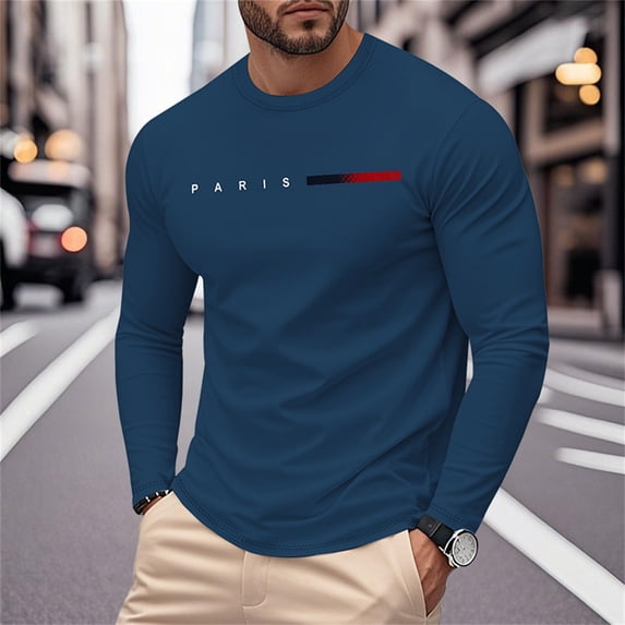 Rggeeun Men'S T-Shirts Solid Color Letter Print Long Sleeve Crew Neck Knit Slim Fit Lightweight for Summer Training Relaxed Tee,Navy,M