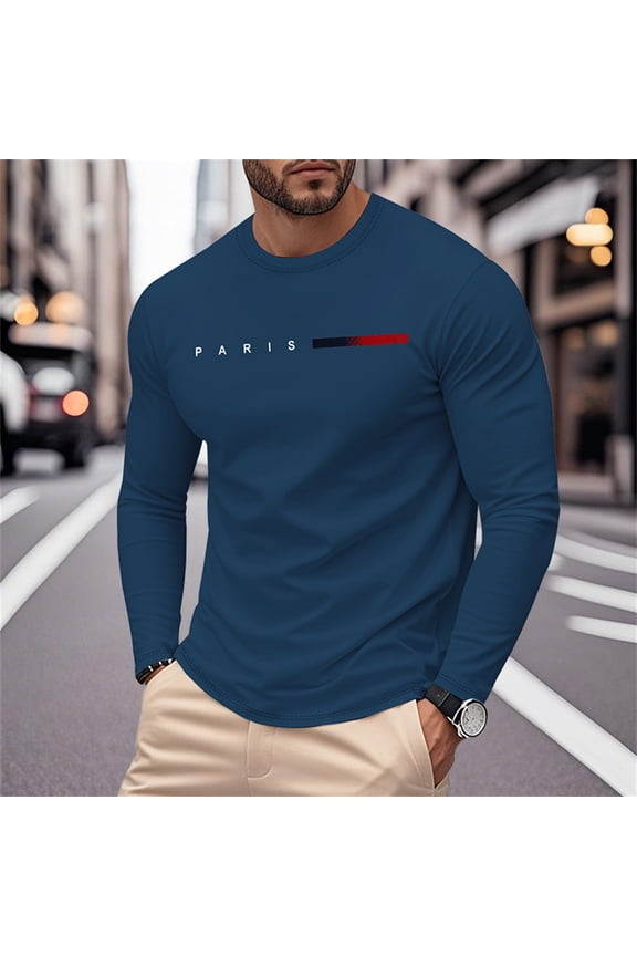 Men'S T-Shirts Solid Color Letter Print Long Sleeve Crew Neck Knit Slim Fit Lightweight for Summer Training Relaxed Tee,Navy,M