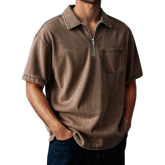 Rggeeun Men'S T-Shirts Solid Color Western Style Denim Half Sleeve Collar Keyhole Zipper With Patch Pocket Woven For Beach Lounging Trendy Tee,Brown,Xxxxxl