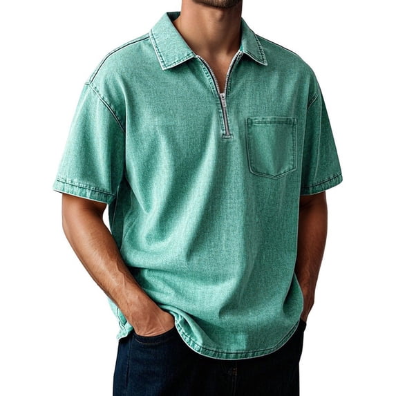 Rggeeun Men'S T-Shirts Solid Color Western Style Denim Half Sleeve Collar Keyhole Zipper With Patch Pocket Woven For Beach Lounging Vintage Tee,Gn2,Xxl
