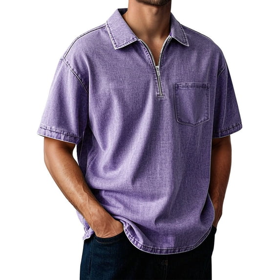 Rggeeun Men'S T-Shirts Solid Color Western Style Denim Half Sleeve Collar Keyhole Zipper With Patch Pocket Woven For Training Casual Tops,Purple,S