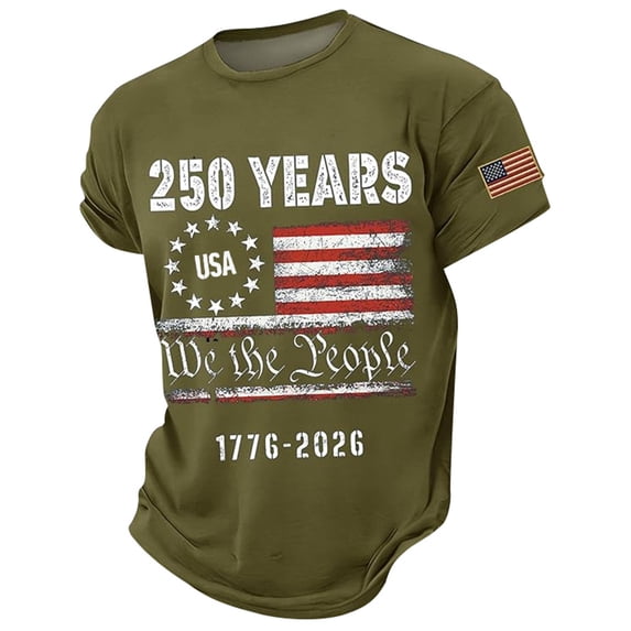 Rggeeun Men'S T-Shirts Stars And Stripes 250 Years We The People 1776-2026 Print Fireworks Holiday Short Sleeve Crew Neck For 4th Of July Outdoor Concert Freedom Tee,Army Green,L