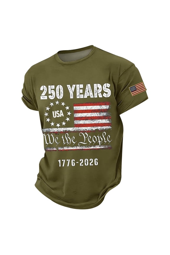 Men'S T-Shirts Stars And Stripes 250 Years We The People 1776-2026 Print Fireworks Holiday Short Sleeve Crew Neck For 4th Of July Outdoor Concert Freedom Tee,Army Green,L