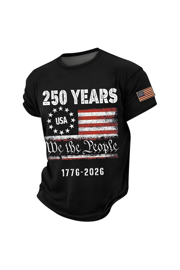 Men'S T-Shirts Stars And Stripes 250 Years We The People 1776-2026 Print Fireworks Holiday Short Sleeve Crew Neck For 4th Of July Outdoor Concert Freedom Tee,Black,L