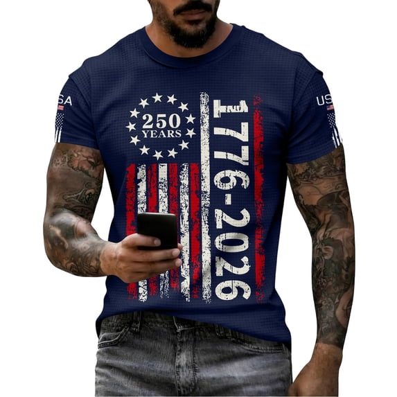 Rggeeun Men'S T-Shirts Stars And Stripes Graphic 250 Years 1776-2026 Print Celebrate Anniversary Short Sleeve Crew Neck For 4th Of July Community Picnic Freedom Tee,Navy,L