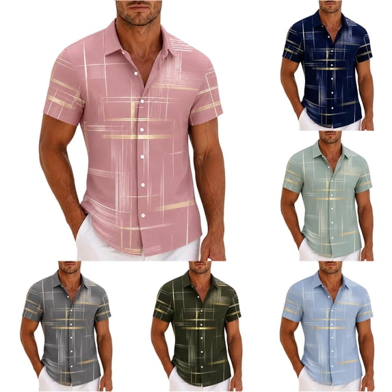 Rggeeun Men'S T-Shirts Tie-Dye Striped Pattern Short Sleeve Collar with front Buttons Cardigan Loose Fit Soft Breathable for Summer Workout Cozy Tee,Light Pink,Xl