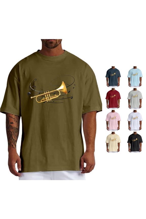 Men'S T-Shirts Trumpet Pattern Short Sleeve Crew Neck Loose Fit Soft Breathable for Summer Beach Lounging Versatile Tee,Army Green,L