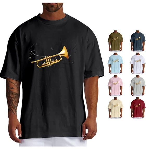 Rggeeun Men'S T-Shirts Trumpet Pattern Short Sleeve Crew Neck Loose Fit Soft Breathable for Summer Party Classic Tee,Black,L