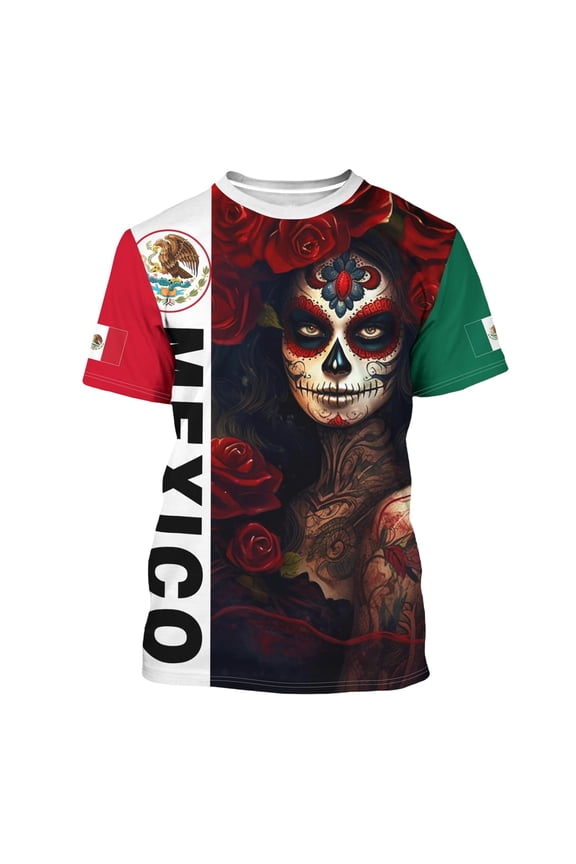 Men'S Tee Classic Mexico Stripes Retro Character Floral Print Short Sleeve Crew Neck Loose Fit Knit For Beach Lounging Versatile Tops,Red,Xxxxxl