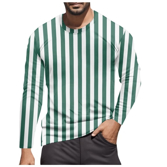 Rggeeun Men'S Tee Fashion Vertical Stripes Print Cotton Knit Crew Neck Long Sleeve Slim Fit For Holiday Workout Casual Tops,Green,L